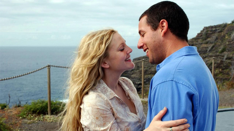 Drew Barrymore as Lucy Whitmore and Adam Sandler as Henry Roth embrace, about to kiss, in the film, 50 First Dates. 