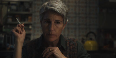 Tamsin Greig - looking concerned and sporting short, greying hair - in the short film, Largo.