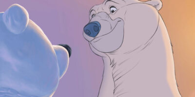 A hand drawn polar bear in the 2025 short film, Snow Bear by filmmaker and animator Aaron Blaise.