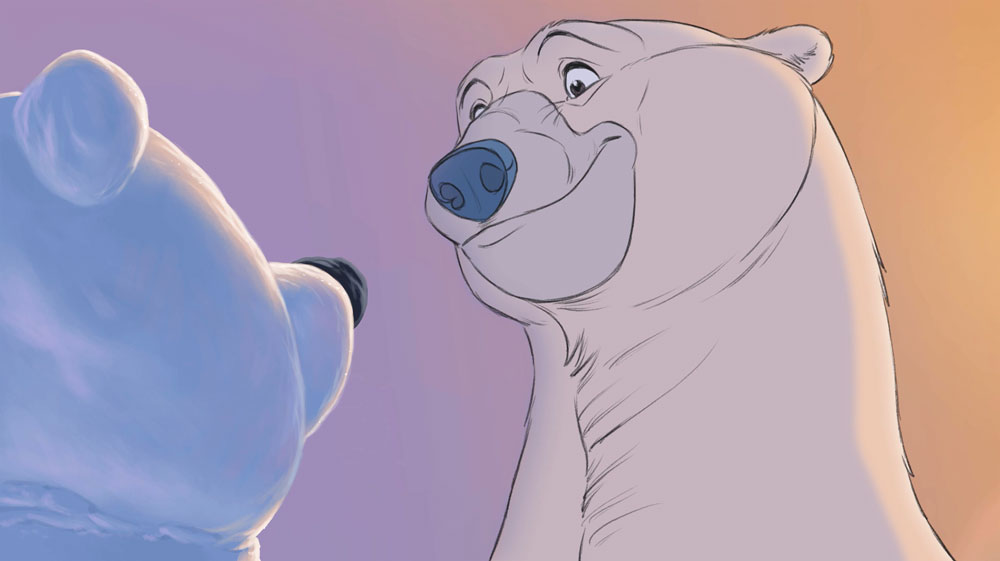 A hand drawn polar bear in the 2025 short film, Snow Bear by filmmaker and animator Aaron Blaise.