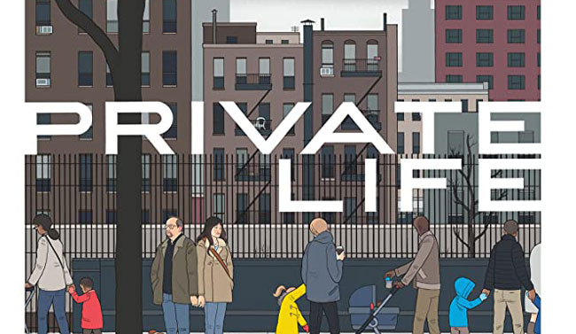 Poster art for the film, Private Life, featuring hand-drawn-style people on a street with the title "Pruvate Life" written in thin, capitalised white writing.