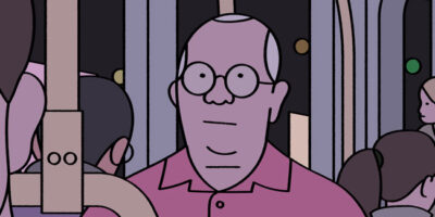 The middle-aged Ray, an animated character in hand-drawn style, is pictured in the short film Retirement Plan.