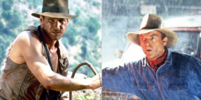 A pair of images featuring Harrison Ford as Indiana Jones on the left, and Sam Neill on the right as Alan Grant in Jurassic Park.