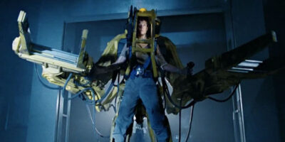 Sigourney Weaver in the powerloader suit in Aliens.