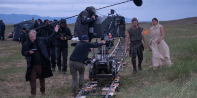 Christopher Nolan directs Zendaya and Matt Damon in The Odyssey with camera operates operating the huge Keighley IMAX 70mm camera.