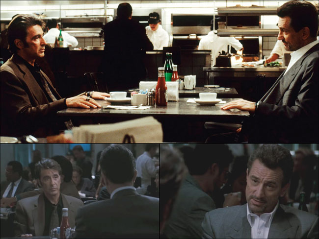A montage showing three images from the film Heat depicting Robert De Niro and Al Pacino in the iconic diner scene - the actors sat across from each other at a table.