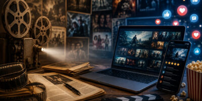 A generic film image depicting a projector lighting a laptop displaying films on a streaming service.