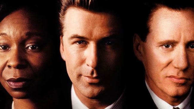 Headshots of the three lead actors in the Rob Reiner film, Ghosts of Mississippi, from left to right - Whoopi Goldberg, Alec Baldwin, and James Woods.