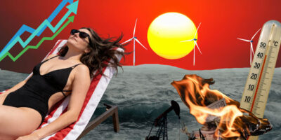 Jessica Riches Headline Newds climate action short form fiction promotional image showing a woman in a bathing suit next to a sun and a thermometer.