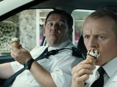 Simon Pegg and Nick Frost eating ice cream in the film Hot Fuzz