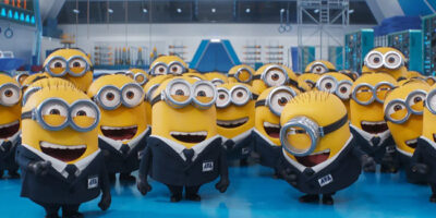 An image to promote the 2026 film, Minions 3, featuring the yellow creatures with their Minion eyewear reminiscent of swimming goggles.