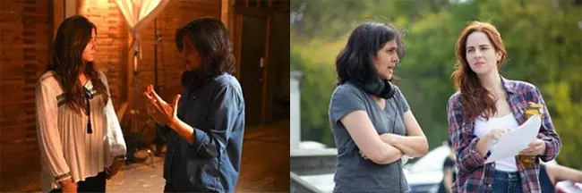 Shamim Sarif on the set of Polarized with actors Maxine Denis and Holly Deveaux