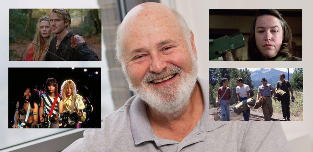 Rob Reiner image montage featuring the director smiling next to pictures from four of his movies: The Princess Bride, This Is Spinal Tap, Misery, and Stand By Me.