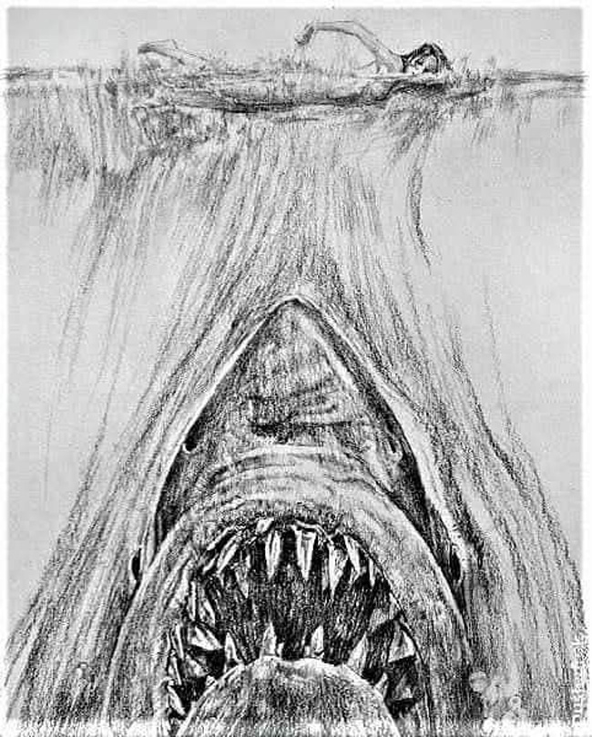 Roger Kastel's original pencil sketch for the iconic Jaws novel artwork which later appeared on the film poster