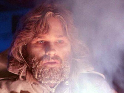Kurt Russell with a frozen beard in the film, The Thing