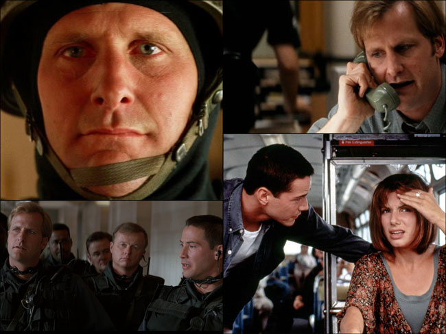 Photo montage of images from the film Speed featuring Jeff Daniels, Keanu Reeves and Sandra Bullock.