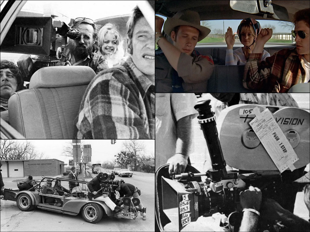 A montage of images from the film The Sugarland Express depicting behind the scenes images showing the Panavision Panaflex camera used and actors Goldie Hawn and William Atherton.