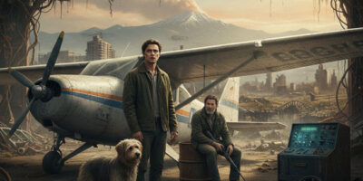 A depiction of the characters - two men and a dog - in Ridley Scott's 2026 film, The Dog Stars, in an old airport hangar next to a Cessna aircraft